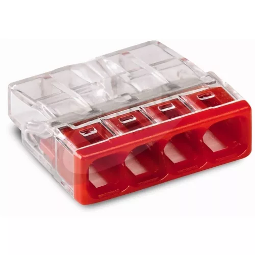 WAGO COMPACT vezeték összekötő 4x0,5-2,5 mm2 tömör vezetékhez, átlátszó házban, piros fedéllel 2273-204
