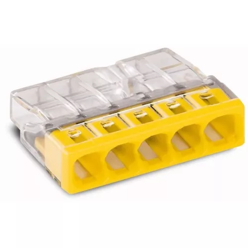 WAGO COMPACT vezeték összekötő 5x0,5-2,5 mm2 tömör vezetékhez, átlátszó házban, sárga fedéllel 2273-205