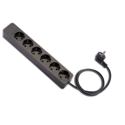 Földelt szerelt elosztó 1,5m-es vezetékkel hatos /hosszanti/ fekete, 16A-250V, 2517-N, Famatel S.A