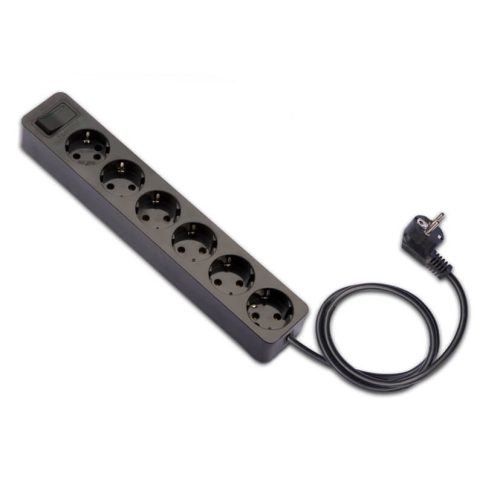 Földelt szerelt elosztó hatos /hosszanti/ 1.5m vez, kapcsolós, fekete, 16A-250V, 2518-N, Famatel S.A