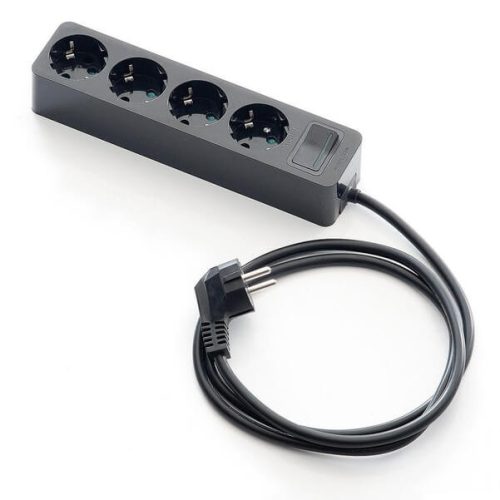 Földelt szerelt elosztó 1,5m-es vezetékkel, négyes, kapcsolós, fekete, 16A-250V, 2628-N, Famatel S.A