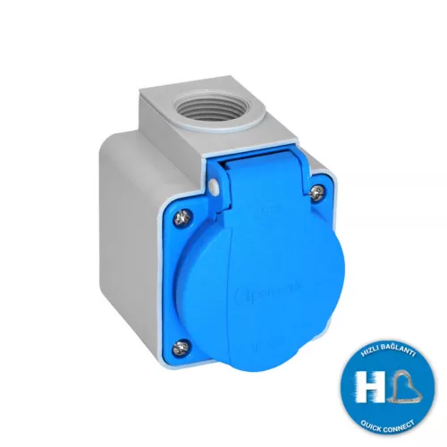 TP Electric Felületre építhető műanyag dugalj csapfedeles kék 16A gyors bekötéssel (IP54) 3101-420-0900