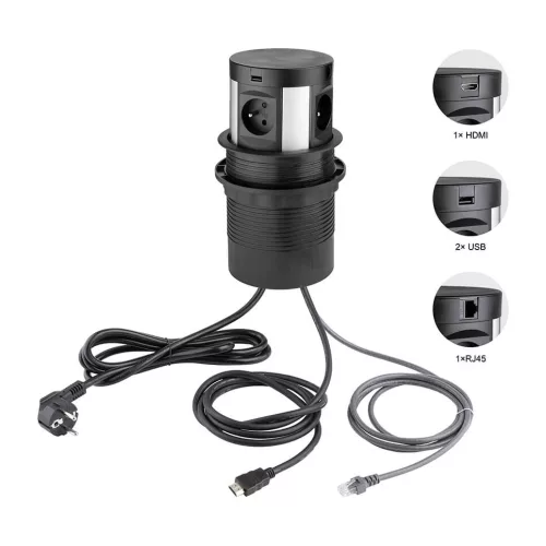 STRONG Kihúzható elektromos aljzat, 4x230V,1xRJ45,2xUSB A 5V,1xHDMI, vezeték nélküli telefontöltővel, 403258