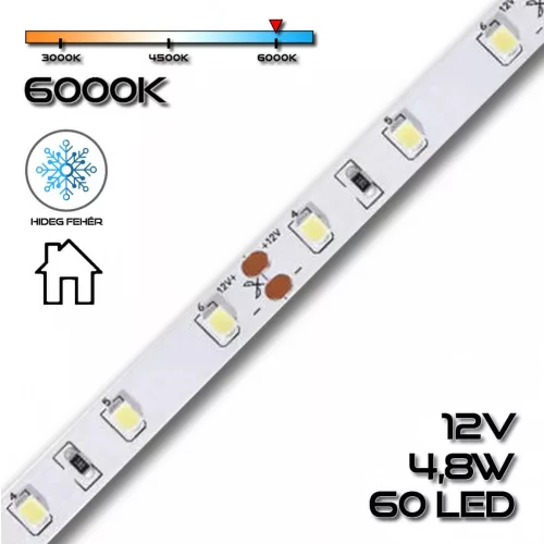 LEDSZALAG 2835WN 60led/m IP20 6000K 300lm 4,8W/m hideg fehér 70110