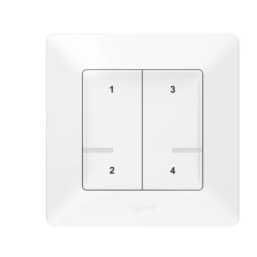 Legrand Valena Life okos forgatókönyv kapcsoló (távvezérlő) Home + Control alkalmazásban beállított 4 db egyedi forgatókönyv indítására; díszítőkerettel, elemmel és kétoldalú ragasztóval szállítva fehér, Legrand 752168