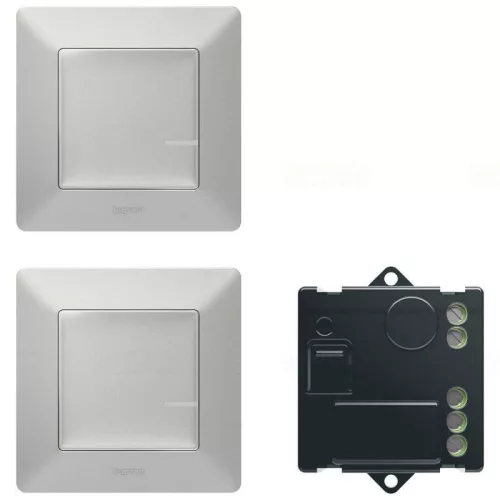 Legrand Valena Life előre párosított váltókapcsolós szett 1 db okos egypólusú mikromodulból és 2 db szimpla távvezérlő kapcsolóból álló készlet, két helyről történő világítás kapcsolásra alkalmas alumínium, Legrand 752350