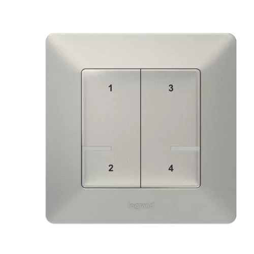 Legrand Valena Life okos forgatókönyv kapcsoló (távvezérlő) Home + Control alkalmazásban beállított 4 db egyedi forgatókönyv indítására; díszítőkerettel, elemmel és kétoldalú ragasztóval szállítva alumínium, Legrand 752368