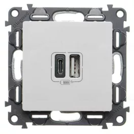   Legrand Valena Life Töltőaljzat Kettős USB C-típusú + USB A-típusú csatlakozóval, 5V–3A–15W, Túlfesz-védelem >1kW, Class II SELV, Fehér, Legrand 753106