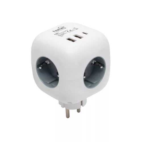 Home CUBE1 kocka elosztó USB töltővel, 3 aljzat gyermekvédelemmel, 1db USB C, 2db  USB A, max. 3680 W