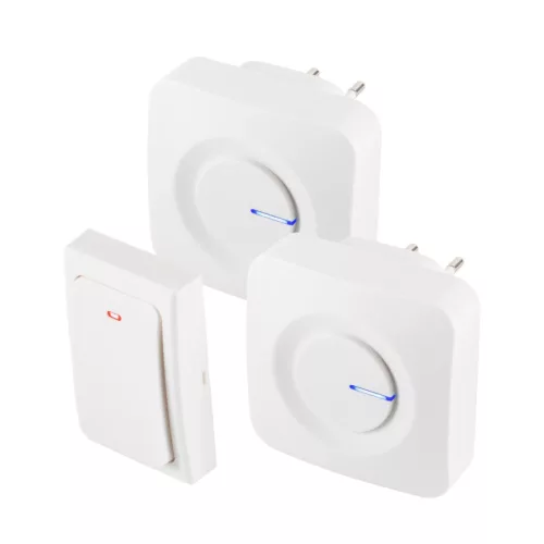 HOME DBKS1001AC vezeték és elem nélküli csengő készlet, 1x nyomógomb + 2x csengő, 100m hatótáv, 36 dallam, szabályozható hangerő, IP44, fényjelzés, kinetikus nyomógomb