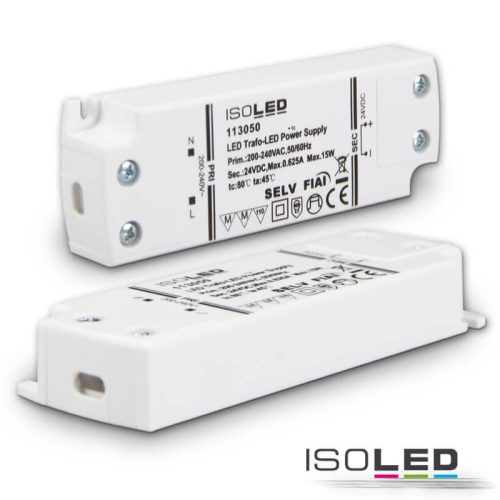 ISOLED LED trafó 24V/DC, 0-15W, ultra lapos, SELV 113050 - Utolsó darabok!!