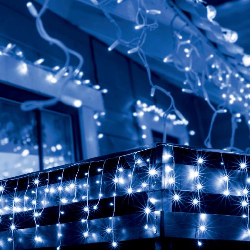 Home KKF 308/BL LED-es fényfüggöny, 10 m / 300 db kék LED, 8 fényprogram, fehér vezeték, hálózati adapter, kül- és beltéri kivitel, KKF_308_BL
