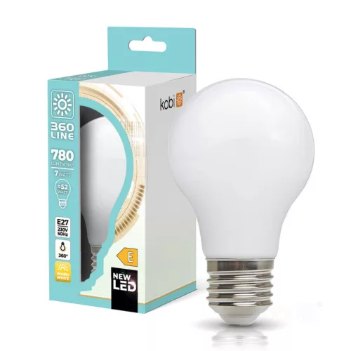 E27 LED-fényforrás, 7 W, filament, Meleg fehér WW 3000K 780lm, KOBI-004082 KOBI
