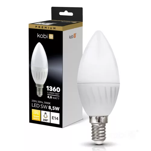 E14 LED-fényforrás, 8.5 W, Meleg fehér, Prémium WW 3000K 1360lm, KOBI-004458 KOBI