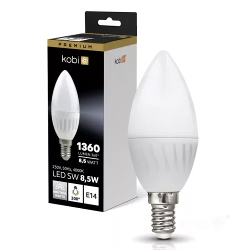 E14 LED-fényforrás, 8.5 W, Természetes fehér, Prémium NW 4000K 1360lm, KOBI-004459 KOBI
