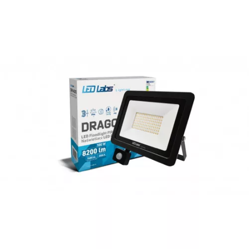DRAGO mozgásérzékelős LED-reflektor, 90°, IP44, 100 W, Természetes fehér, fekete LAB-17-0000-14 SpectrumLED