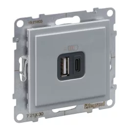   Legrand Suno 2xUSB - A+C csatlakozóaljzat, 3 A - 15 W,  alumínium, Legrand 721330