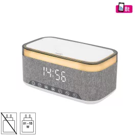   HOME LTCR06 multimédia lejátszó és ébresztőóra, 2x5 Watt, Qi telefontöltés, Bluetooth TWS, FM rádió, LED kijelző, beépített akkumulátor