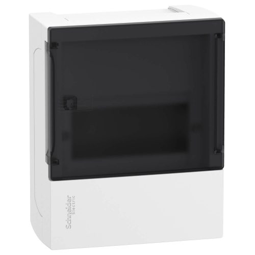 Schneider Mini PRAGMA RESI9 MP Kiselosztó, füstszínű átlátszó ajtó, falon kívüli, 1x6 modul, PEN sín, fehér MIP12106S