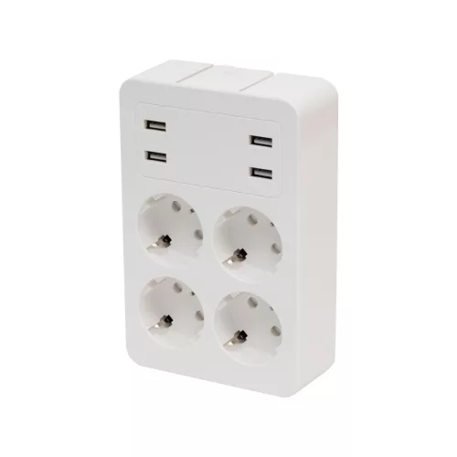Home NV41USB tálcás USB-s elosztó, 4 földelt aljzat, 4 USB aljzat össz. 1,9A, elforgatható csatlakozódugó, max.3680W,