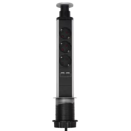   Home NVE 3/USB süllyesztett elosztó USB töltőaljzatokkal, 1,4 m, 3 földelt aljzat gyermekvédelemmel, asztalba, munkalapba építhető, süllyeszthető, max. 3680 W, NVE_3_USB