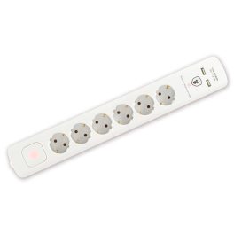   Home NVT 06K USB/WH túlfeszültség védett hálózati elosztó, 1,4 m, kapcsolós, H05VV-F 3G1,5 mm2 kábel, 6 aljzat, max. 3680W, falra akasztható, USB töltőaljzatok