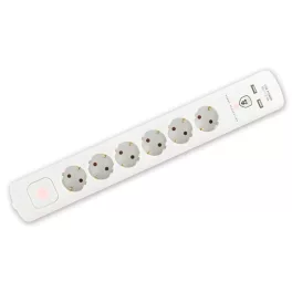   Home NVT 06K USB/WH túlfeszültség védett hálózati elosztó, 1,4 m, kapcsolós, H05VV-F 3G1,5 mm2 kábel, 6 aljzat, max. 3680W, falra akasztható, USB töltőaljzatok