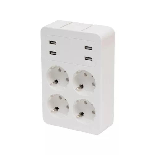Home NV 4 USB tálcás USB-s elosztó, 4 földelt aljzat, 4 USB aljzat, elforgatható csatlakozódugó, max.3680W,