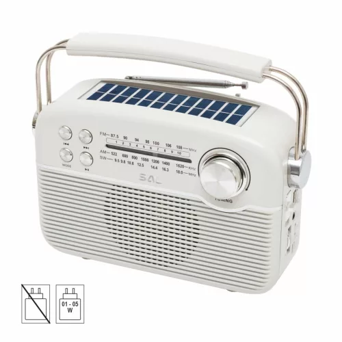SAL RPR9 napelemes rádió multimédia lejátszóval, FM-AM-SW rádió, Bluetooth, USB és microSD csatlakozás, beépített akkumulátor