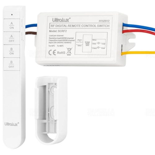 Ultralux 2 csatornás RF távirányítós kapcsoló, vezeték nélküli szett, 240V AC, 30 méter, SCRF2