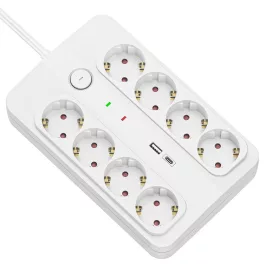   Technik Professional Elosztó 8 utas 1,5m 1,5mm2 +USB-A-C +surge +kapcsoló 16A