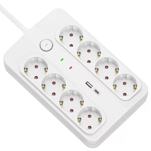 Technik Professional Elosztó 8 utas 1,5m 1,5mm2 +USB-A-C +surge +kapcsoló 16A