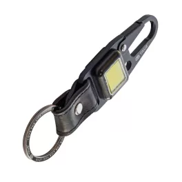   True Utility Cliplite, TU918, kulcstartó karabiner, tölthető lámpa, 4 funkció, 47 lm COB LED, Li-ion, marhabőr szíj, rozsdamentes acélváz, TU918