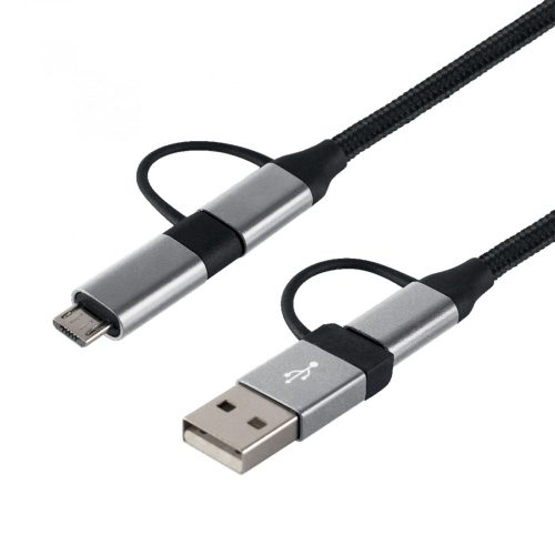 Home USB MULTI 4in1 töltőkábel, USB-C, microUSB, USB-A, QC, PD, szőtt nejlon, 480 Mbps, 60Wmax, 1,5m vezeték, USB_MULTI