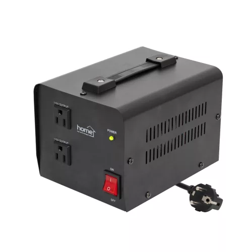 HOME VTF1000VA feszültségátalakító, max.1000VA, 230V/110V transzformátor, dupla 110V kimeneti aljzat két készülékhez, hordozható