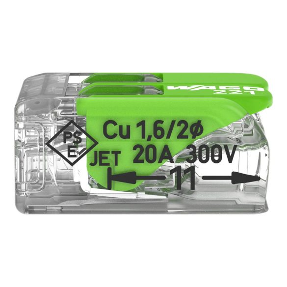 WAGO 221-422 GREEN vezeték összekötő sodrott 2-es, átlátszó 0,2- 4mm2, 32A (újrahasznosított anyagból készült)