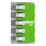 WAGO 221-425 GREEN vezeték összekötő sodrott 5-ös, átlátszó 0,2- 4mm2, 32A (újrahasznosított anyagból készült)
