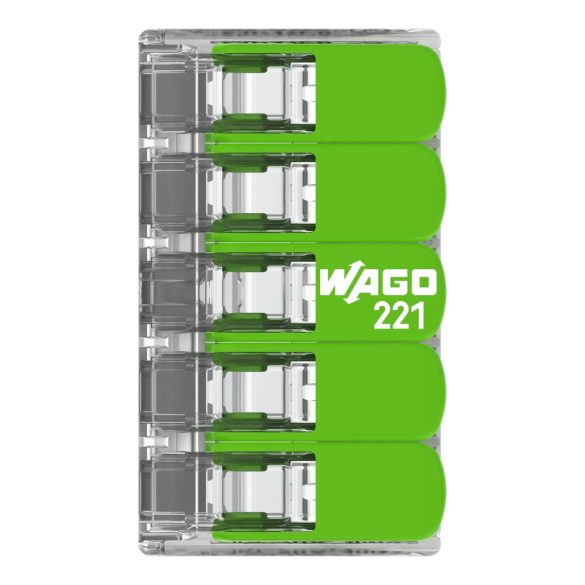 WAGO 221-425 GREEN vezeték összekötő sodrott 5-ös, átlátszó 0,2- 4mm2, 32A (újrahasznosított anyagból készült)