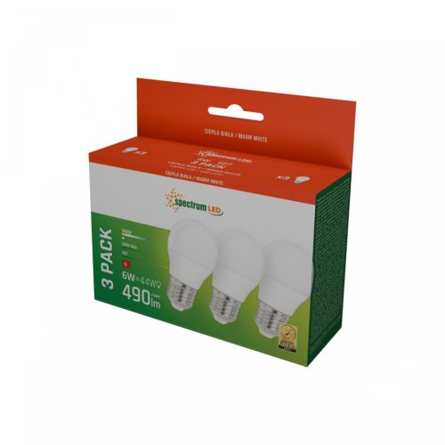 E27 LED-fényforrás, 6 W, Meleg fehér WW 3000K 490lm, WOJ13024_3PACK SpectrumLED