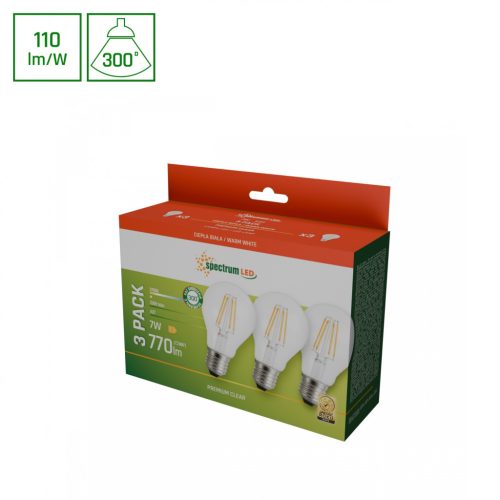 E27 LED-fényforrás, 7 W, filament, Meleg fehér WW 2700K 770lm, WOJ14599_3PACK SpectrumLED