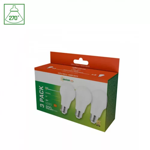 E27 LED-fényforrás, 9 W, Meleg fehér WW 3000K 820lm, WOJ14610_3PACK SpectrumLED